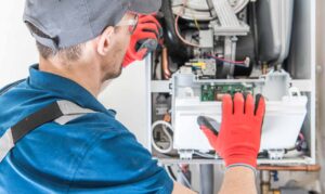 Technician performing furnace repair and maintenance on HVAC system components.